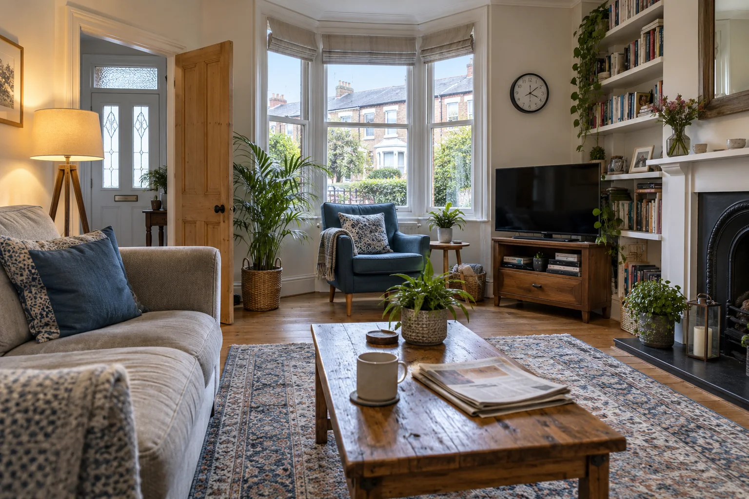 A UK living room with a sofa, coffee table and bay window