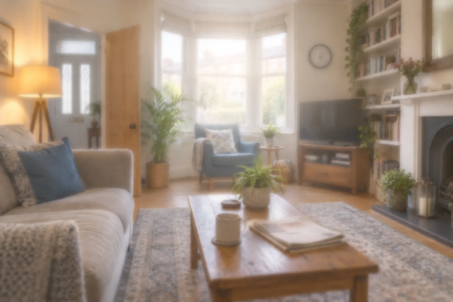 Generated room illustration with softened edges and a bright haze around the window