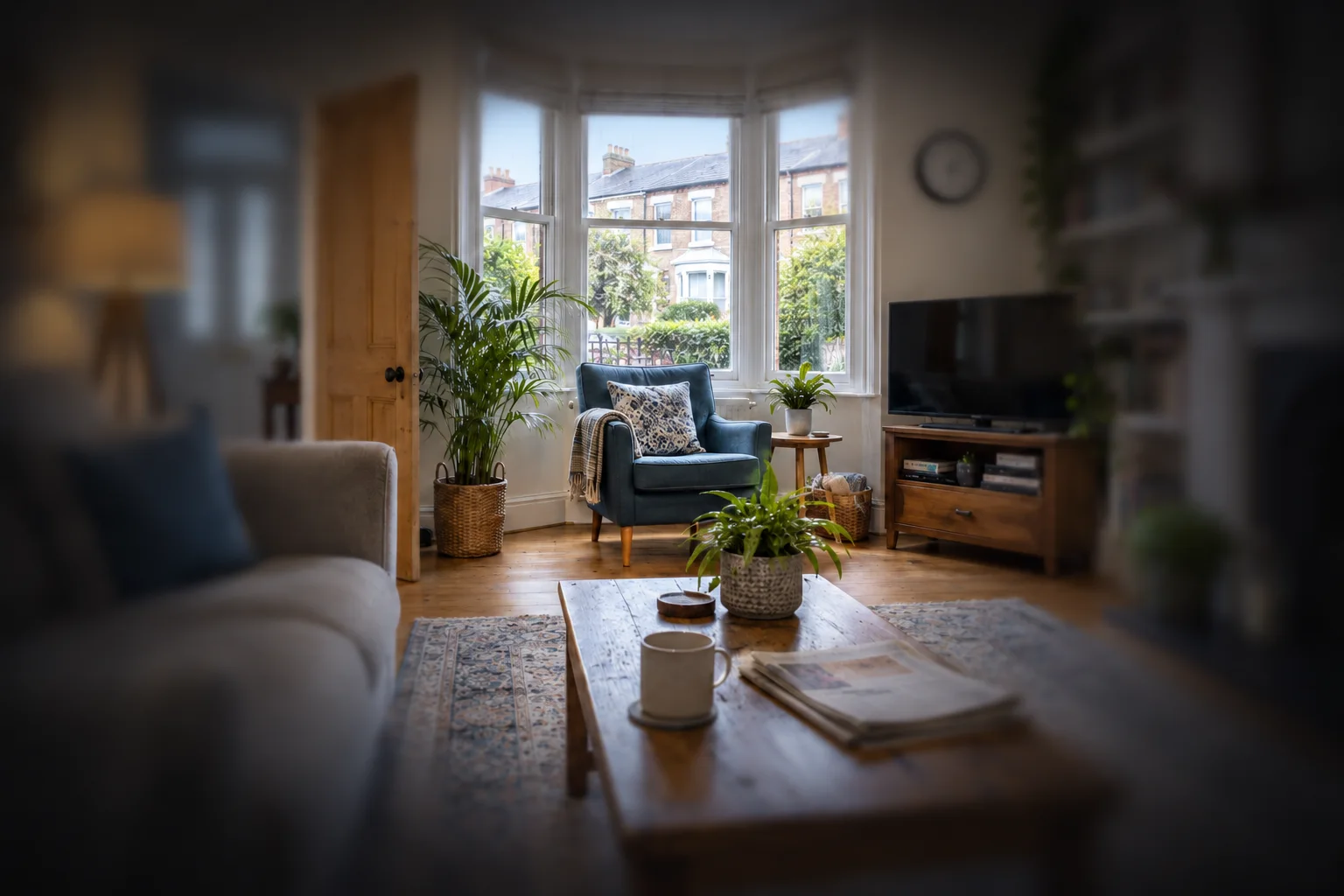 Generated room illustration with central furniture visible and the outer parts of the view obscured